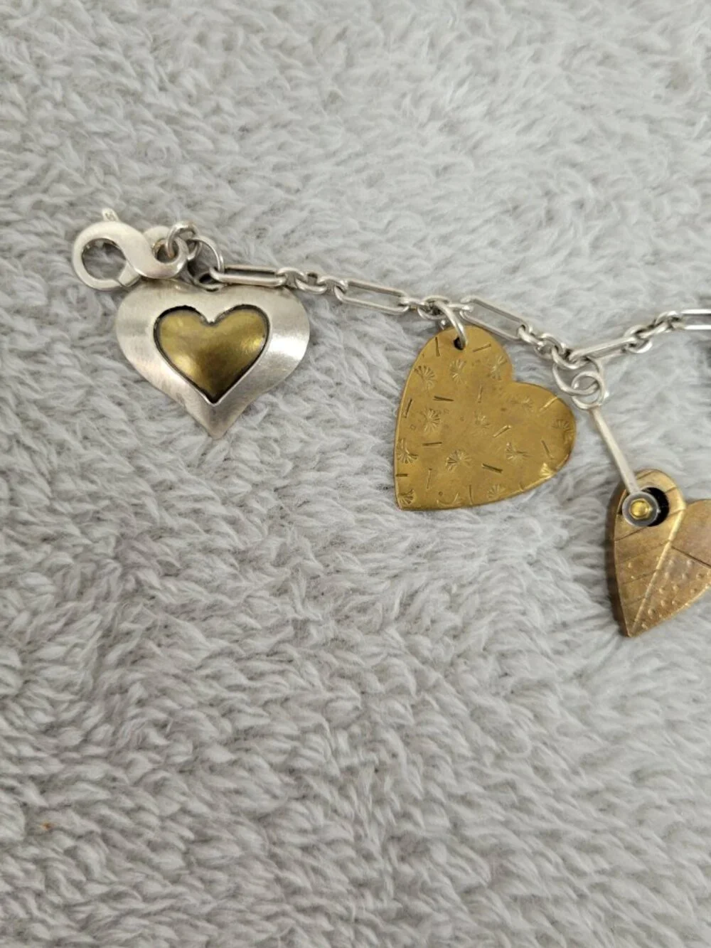 Artisan Mixed Metal Heart Charm Bracelet Sterling Silver Brass Multi-Charm B13E